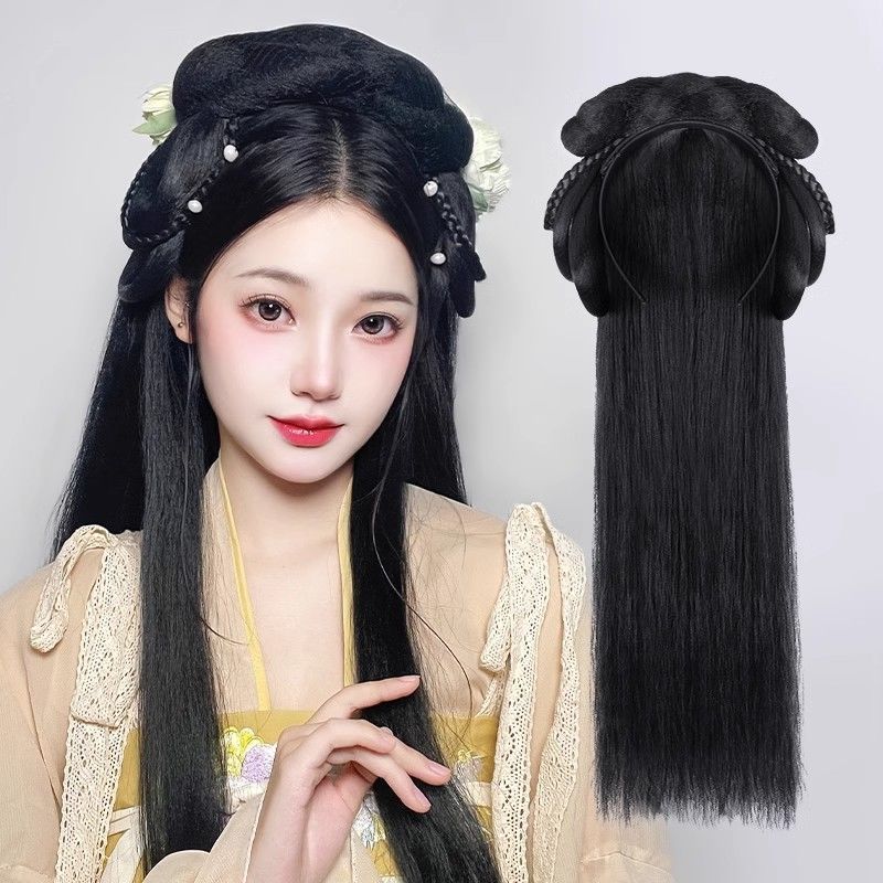 All-in-One Hanfu Hair Hoop Kit - Instant Ancient Chinese Hairstyle with Pre-Styled Wig and Volumizing Bun Padding (3 Mins Setup)