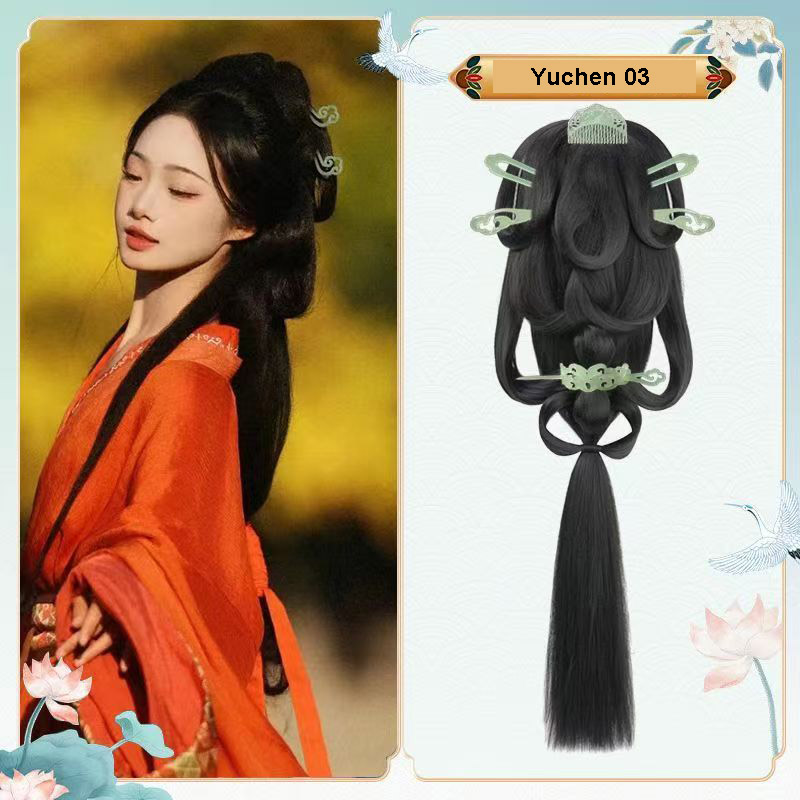 Wei-Jin Dynasty Hanfu Accessories Set - All-in-One Wig for Quju Curved Hem Style and Warring States Robe