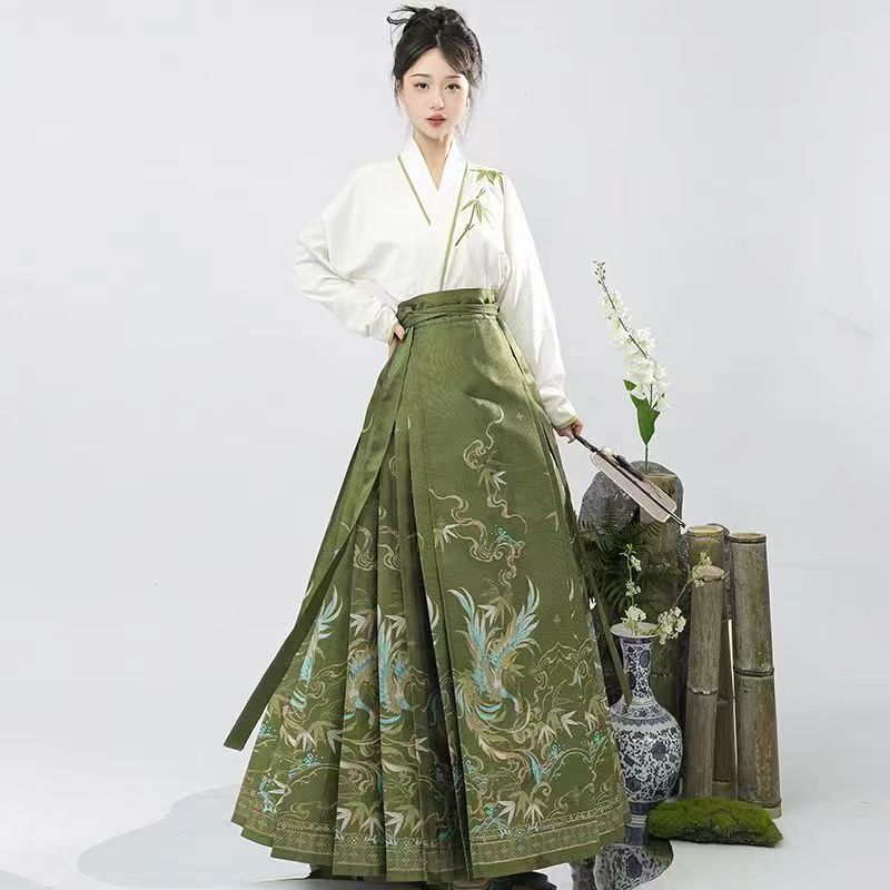 Spring Ming-Style Hanfu Set | Embroidered Long Sleeve Shirt Pants | Traditional Chinese Office-Ready Cultural Attire horse face skirt